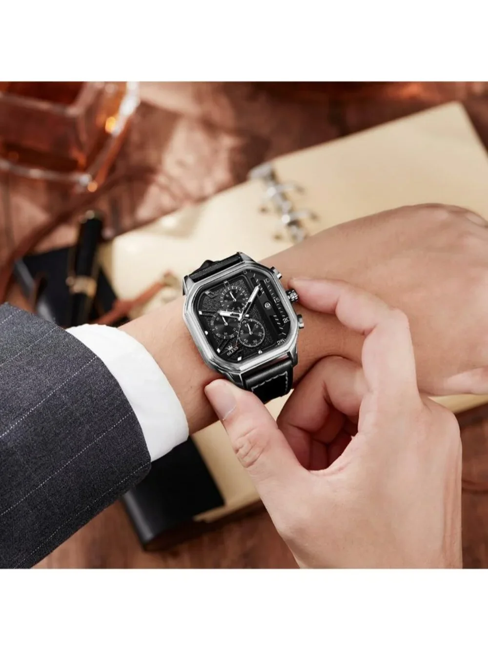 Men's Black Quartz Leather Strap Waterproof Casual Square Dial Wrist Watch